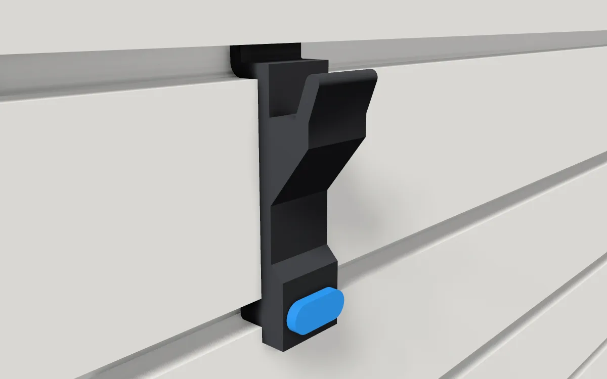 Bin hook · 1 in wide on a slatwall, 3D render