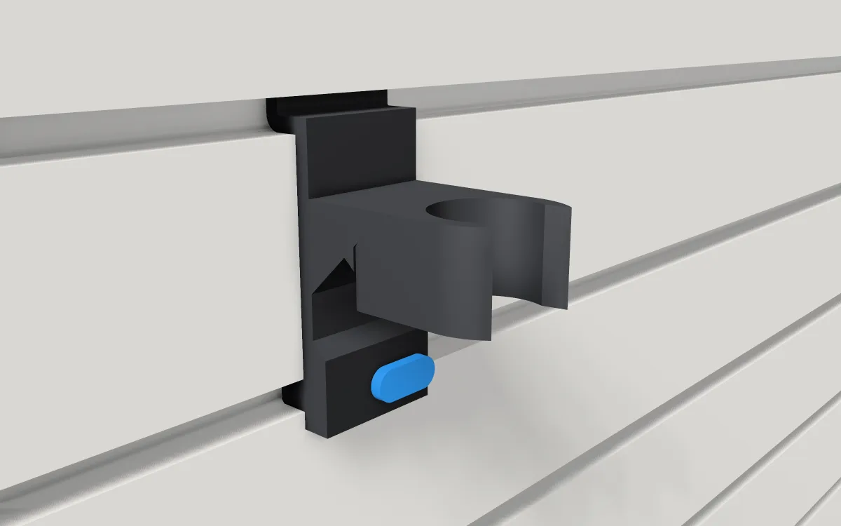 Rake & shovel gripper · Handle 31.5 mm on a slatwall, 3D render