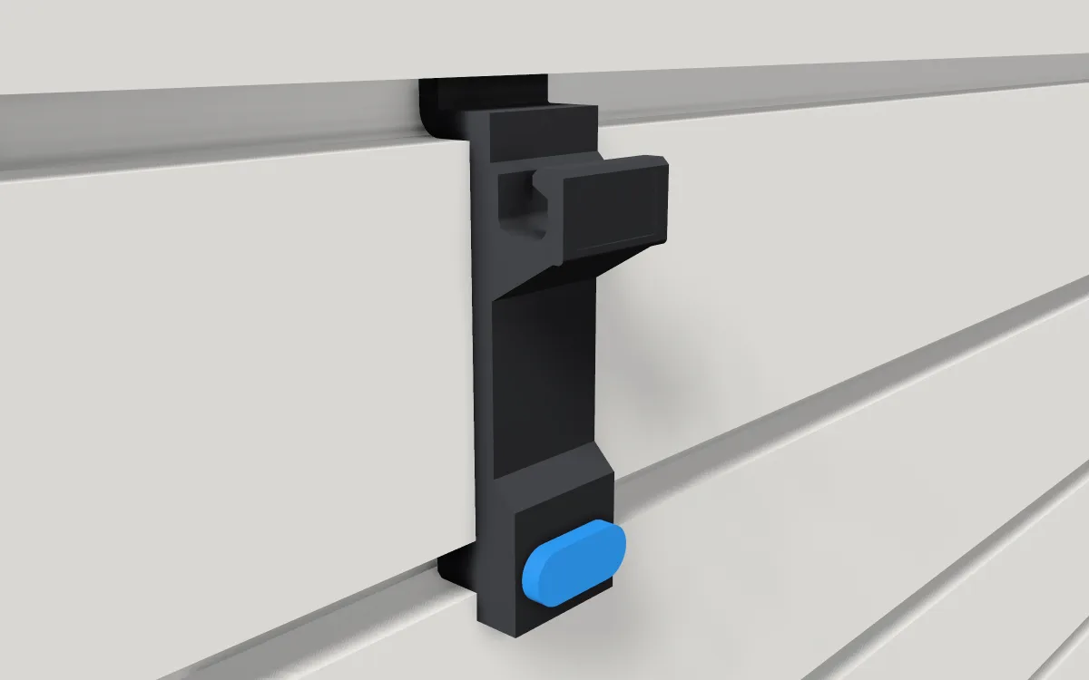 Cable channel · Single clip on a slatwall, 3D render
