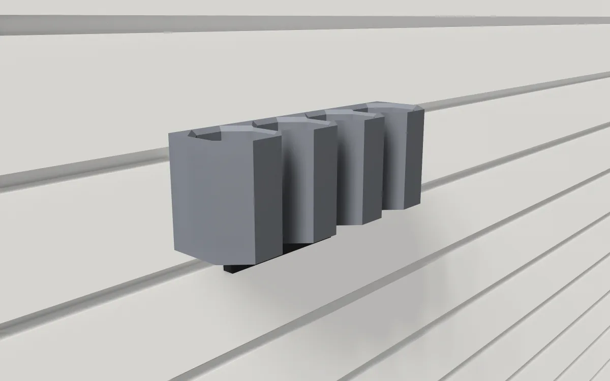 Caulk tube rack · 4 small tubes, 42 mm on a slatwall, 3D render