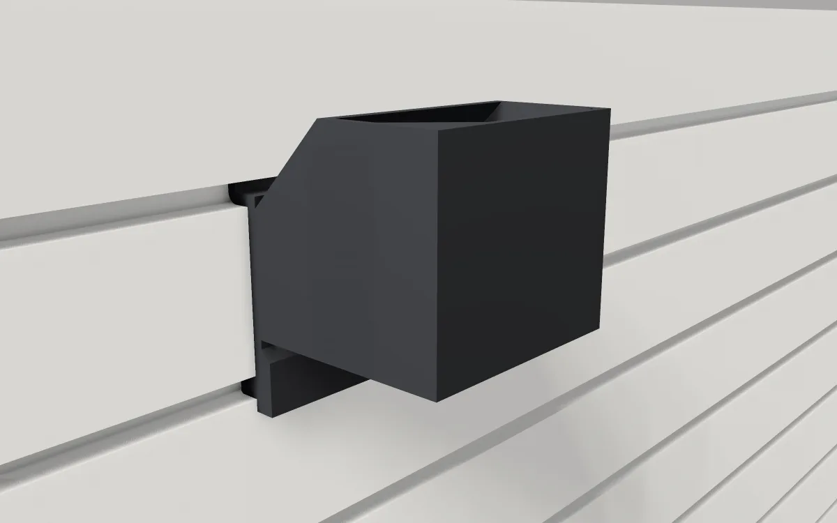 Small cube bin · Large cube on a slatwall, 3D render