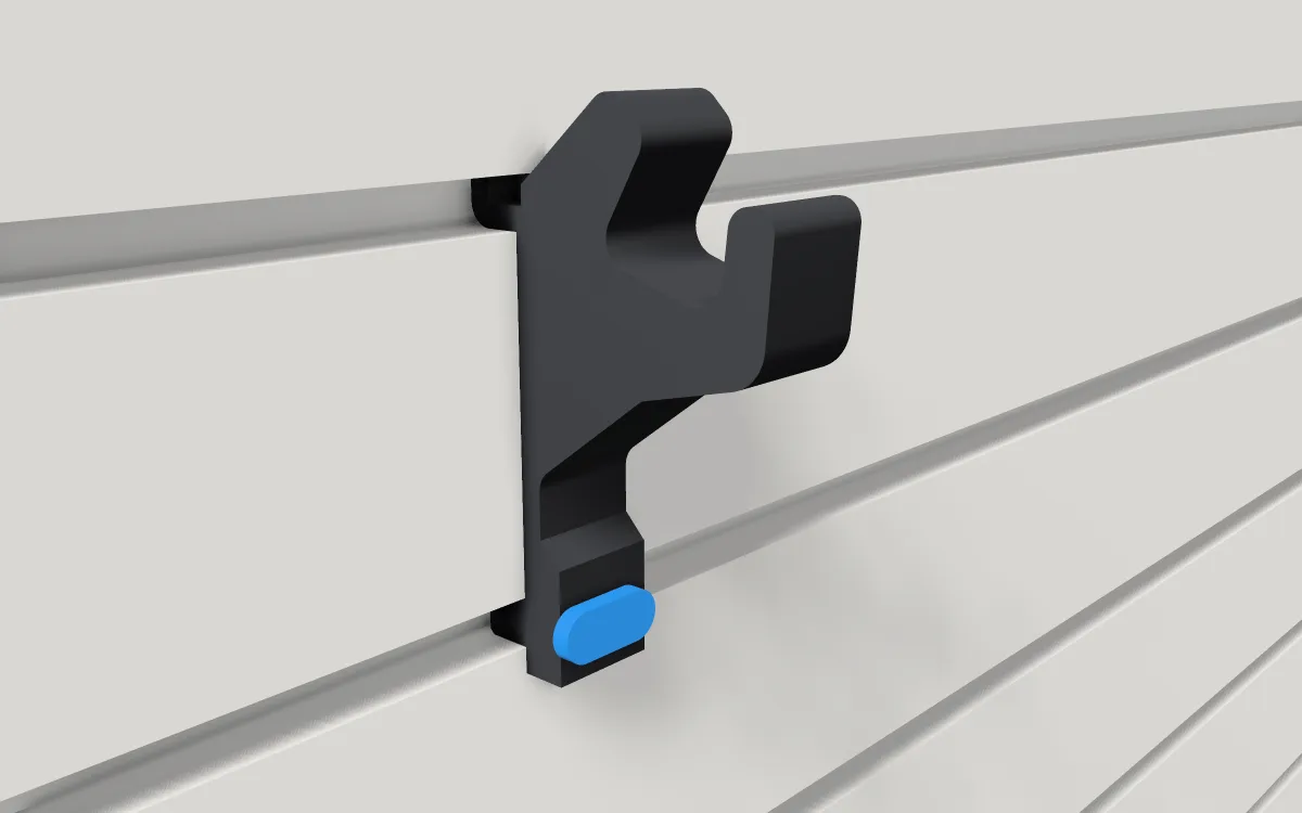 Double coat hook · Compact on a slatwall, 3D render