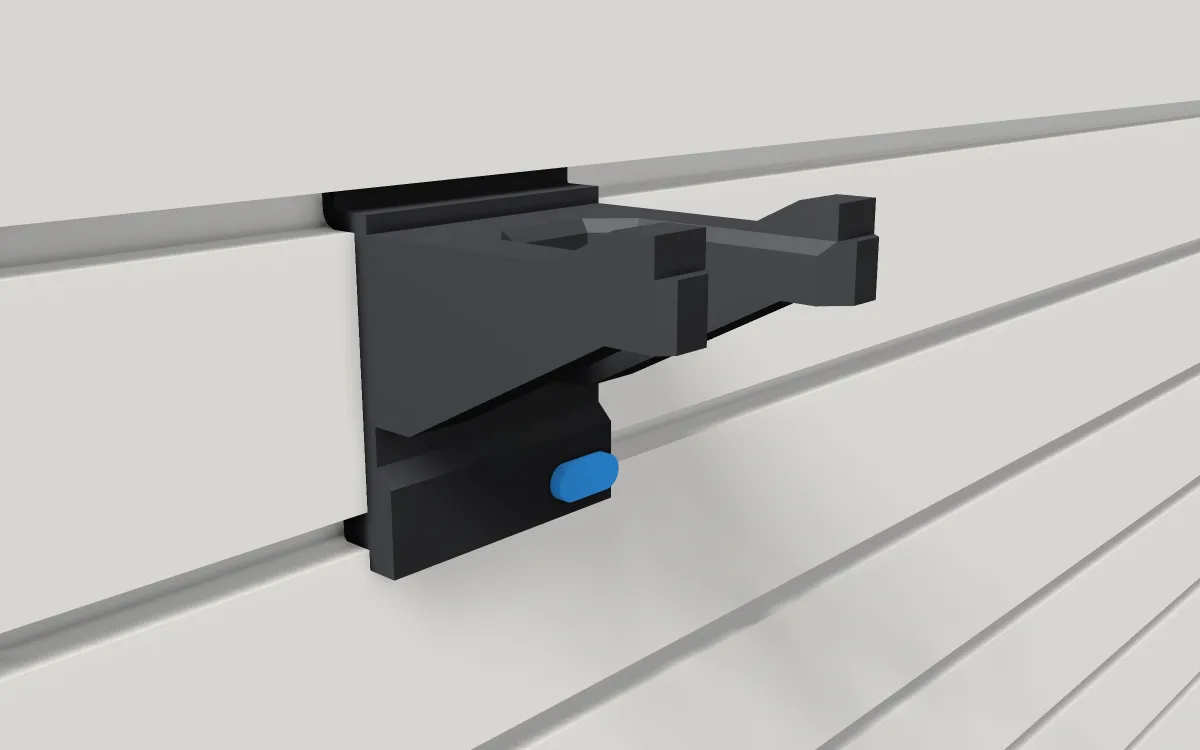 Drill holster · Compact 12V drill on a slatwall, 3D render