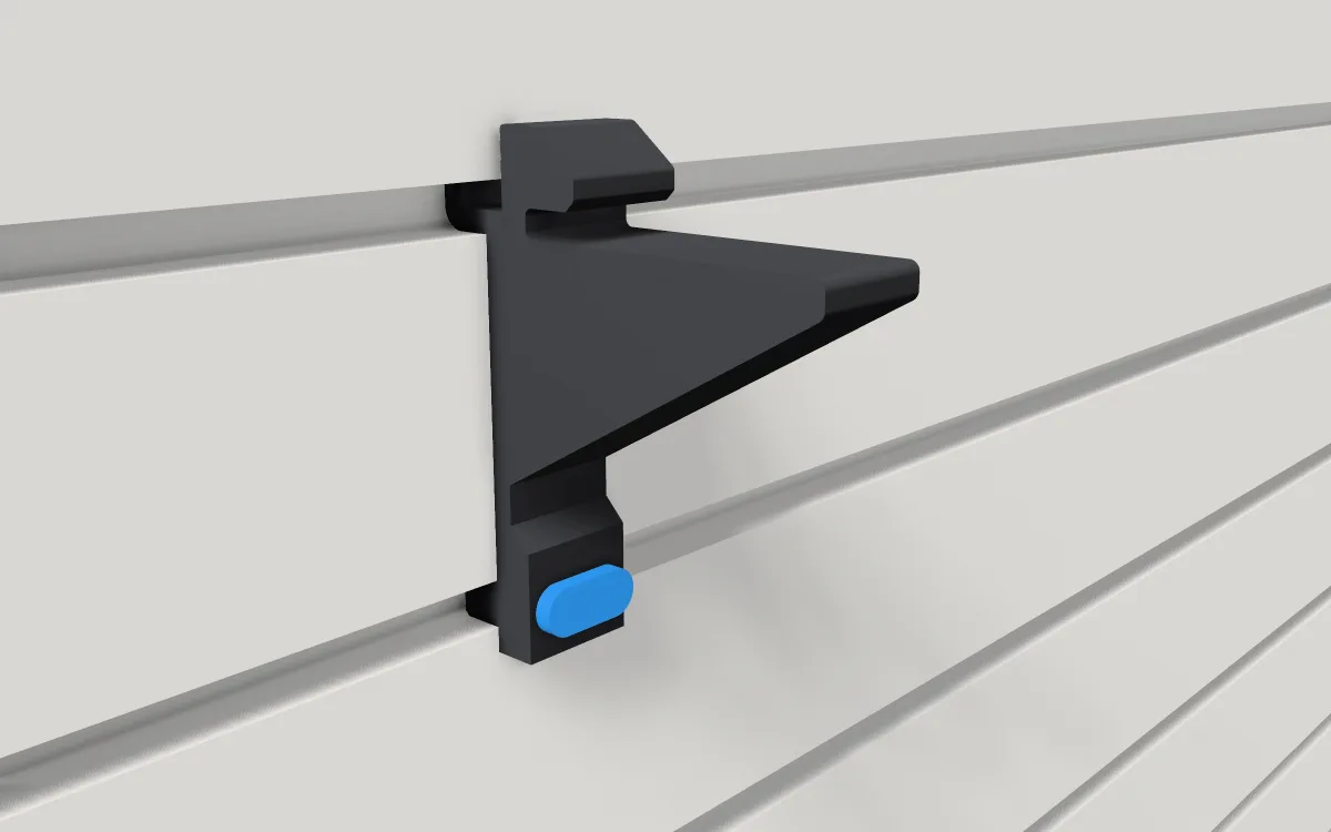 Glass-shelf rest · Eighth inch acrylic on a slatwall, 3D render