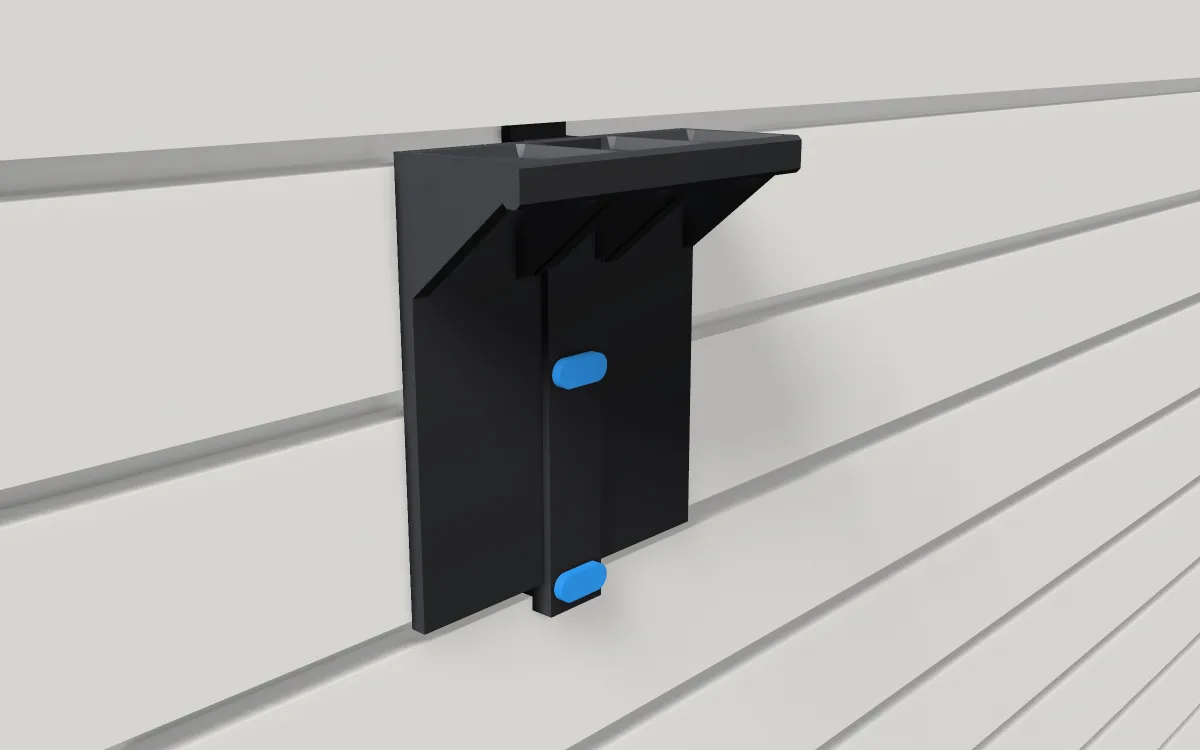 Gridfinity shelf · 3 wide on a slatwall, 3D render