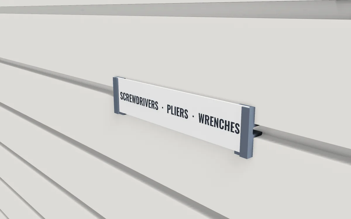 Groove label strip · Short run 150 mm on a slatwall, 3D render