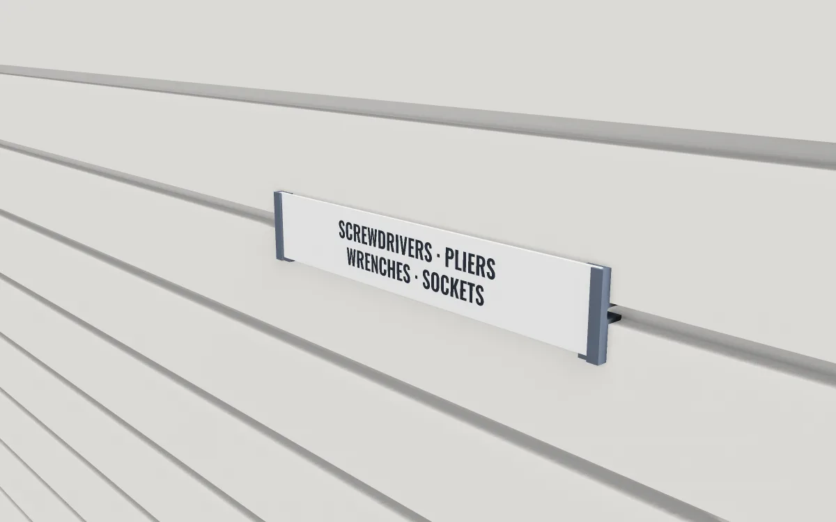 Groove label strip · Two line tall on a slatwall, 3D render