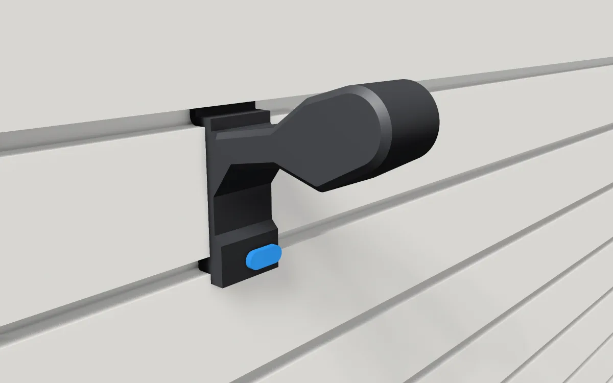Helmet holder · Child helmet on a slatwall, 3D render
