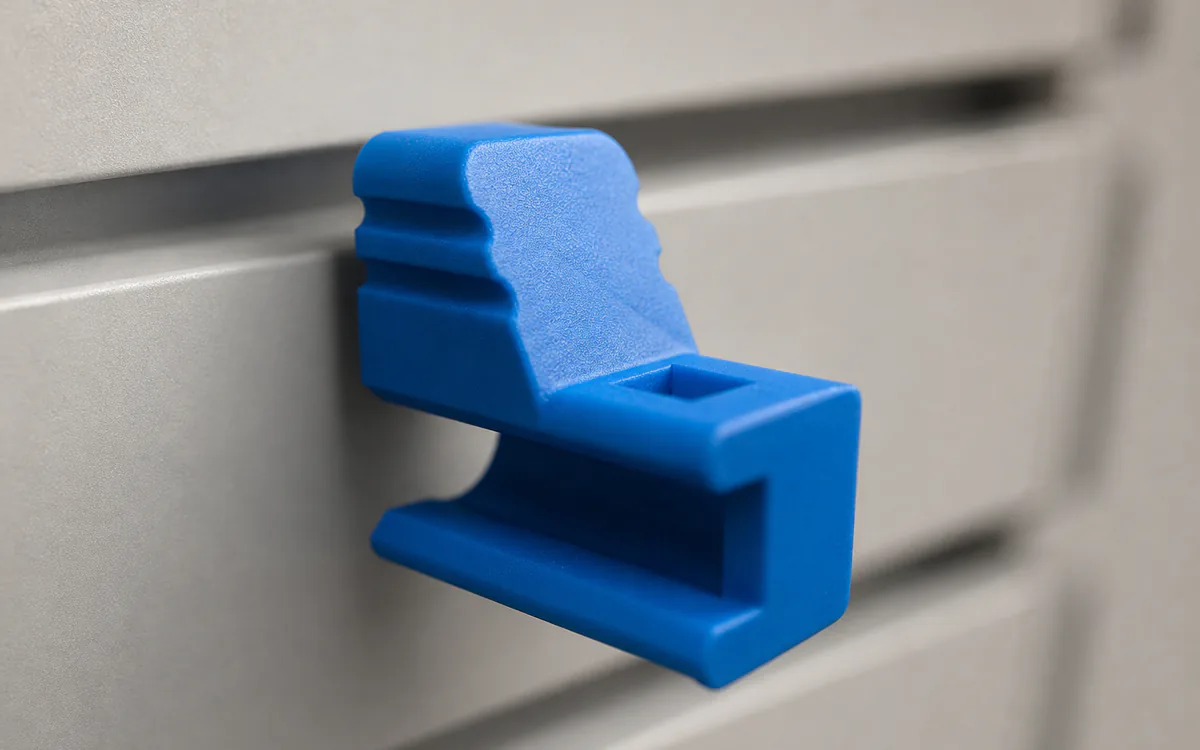Anti-sweep stop for wire hooks on slatwall, on the end of a wire hook's arm
