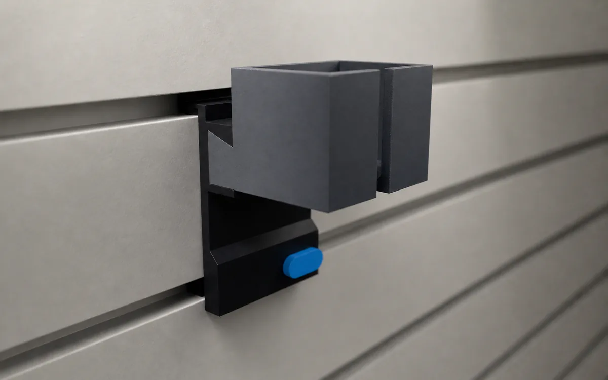 Charger cup on slatwall, holding a phone charger and its cord