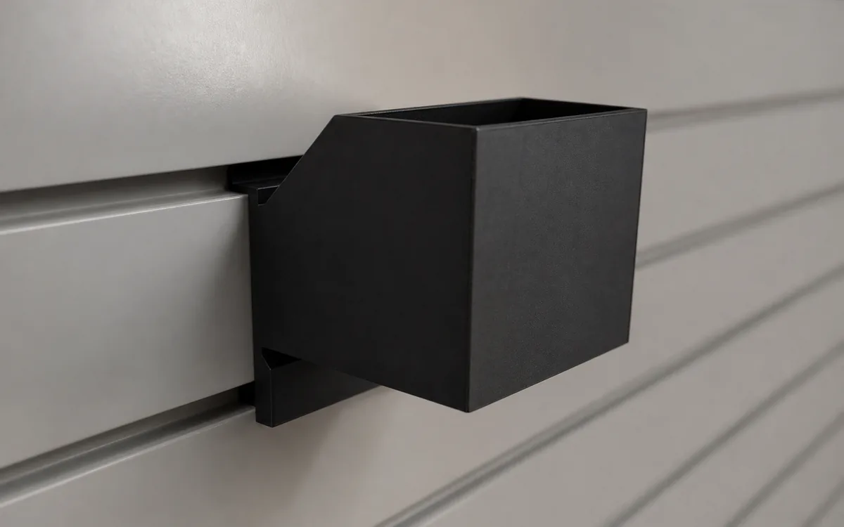 Small cube bin on a slatwall