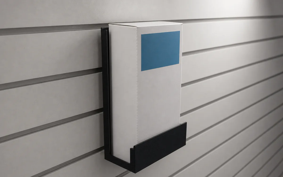 Glove-box holder on slatwall, holding a box of gloves