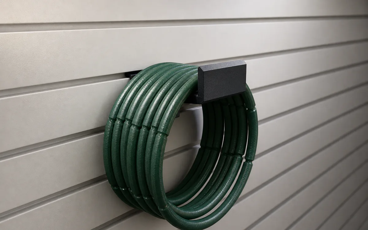Hose saddle on slatwall, holding a coiled garden hose
