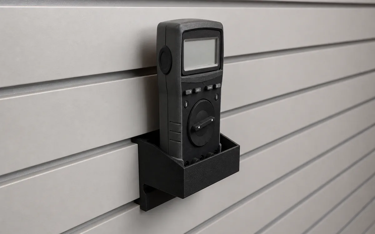 Multimeter pocket on slatwall, holding a multimeter