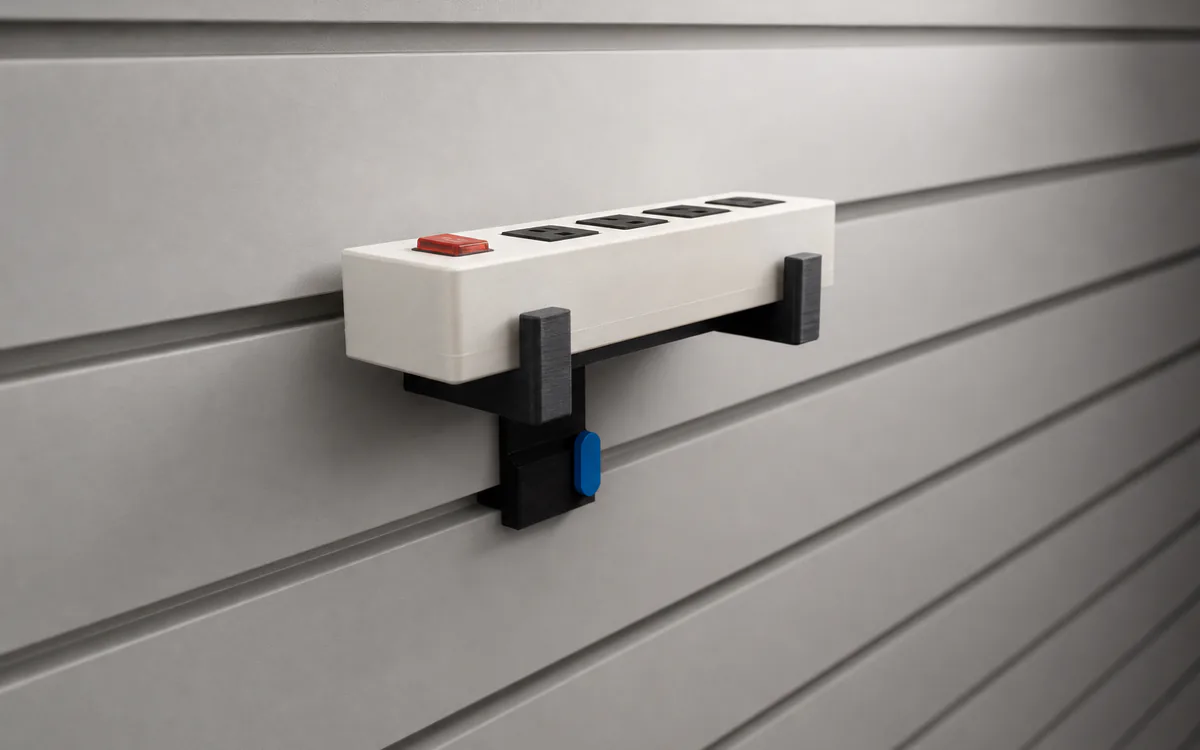 Power-strip cradle on slatwall, holding a power strip