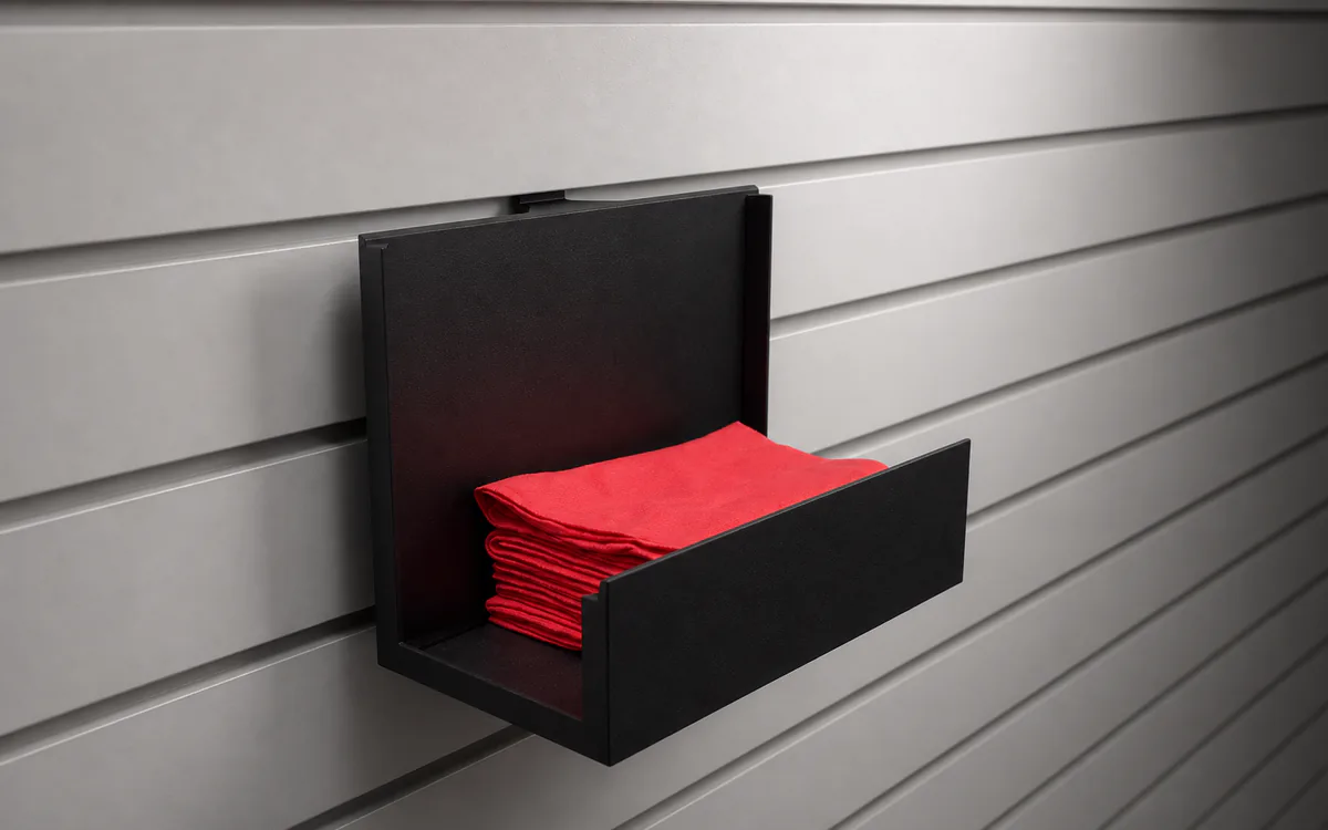 Rag holder on slatwall, holding a stack of folded rags