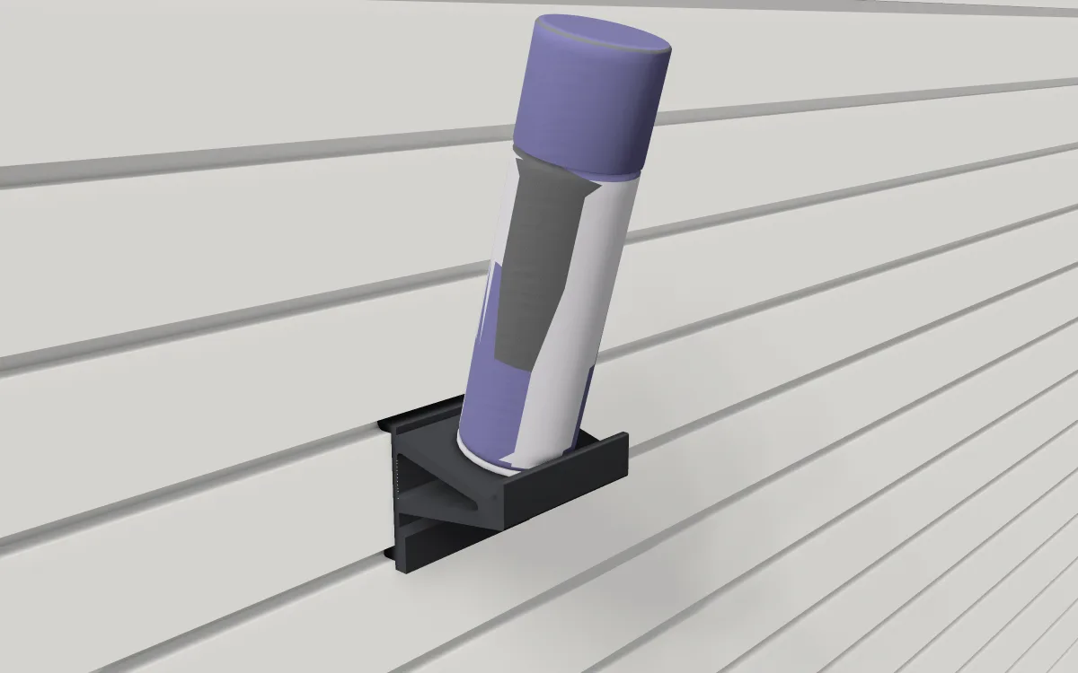 Angled spray-can shelf on slatwall, holding a spray can