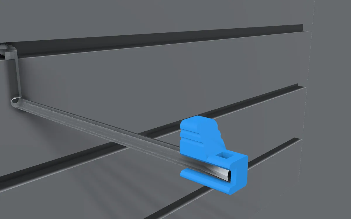 Anti-sweep stop for wire hooks on slatwall, on the end of a wire hook's arm