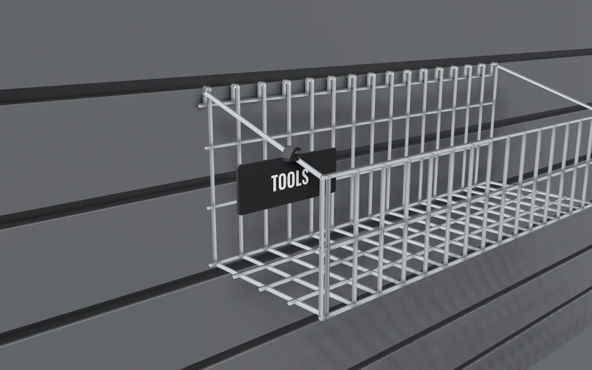 Wide label flag for bins on slatwall, clipped on a wire basket