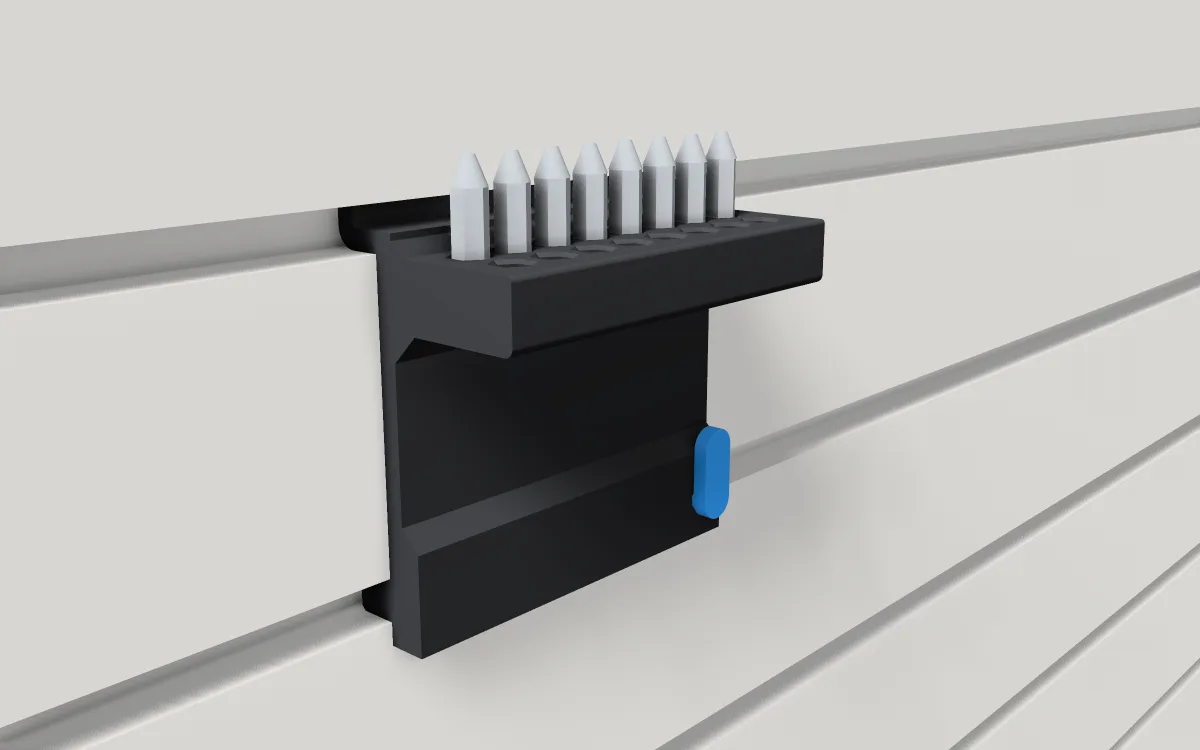Bit holder on slatwall, holding sixteen hex bits