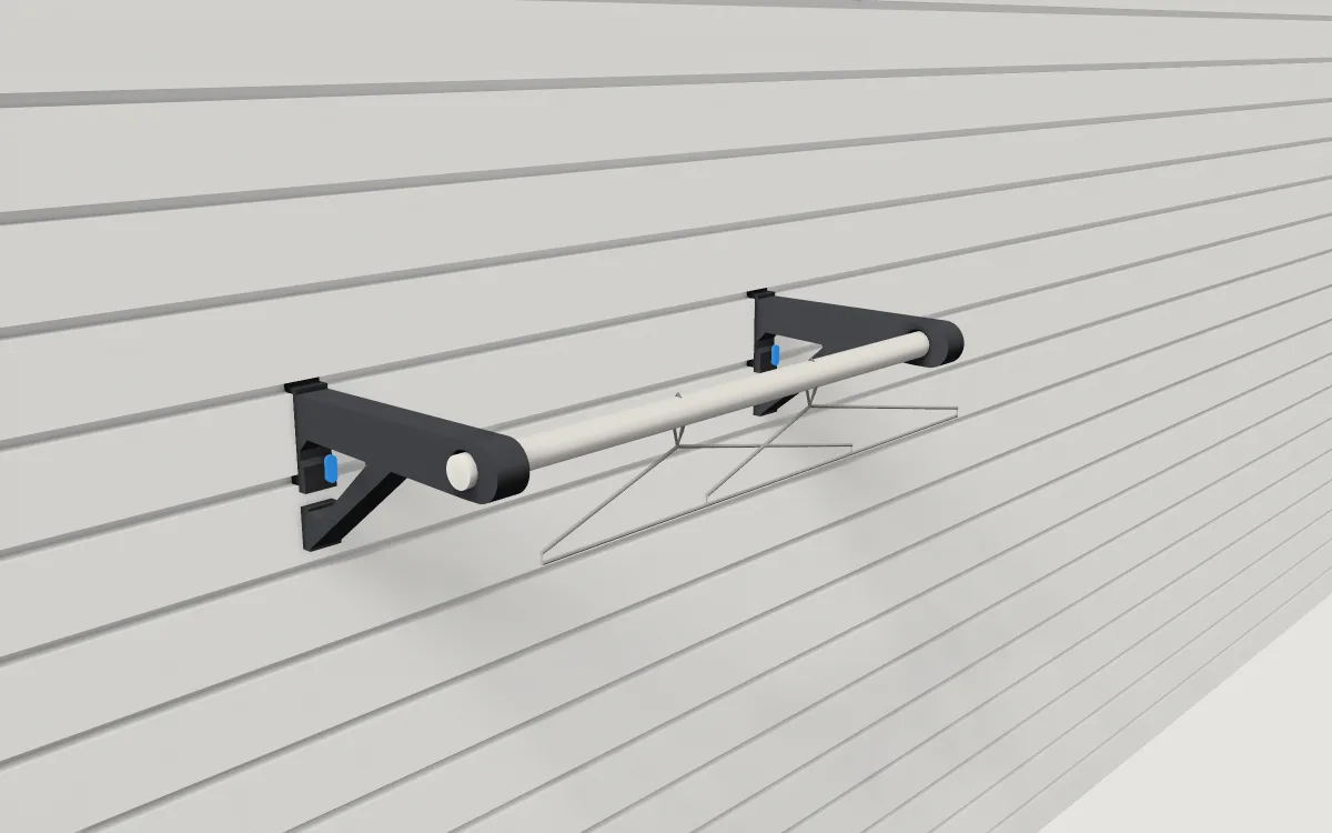 Coat-rail brackets on slatwall, a pair holding a rail with coat hangers