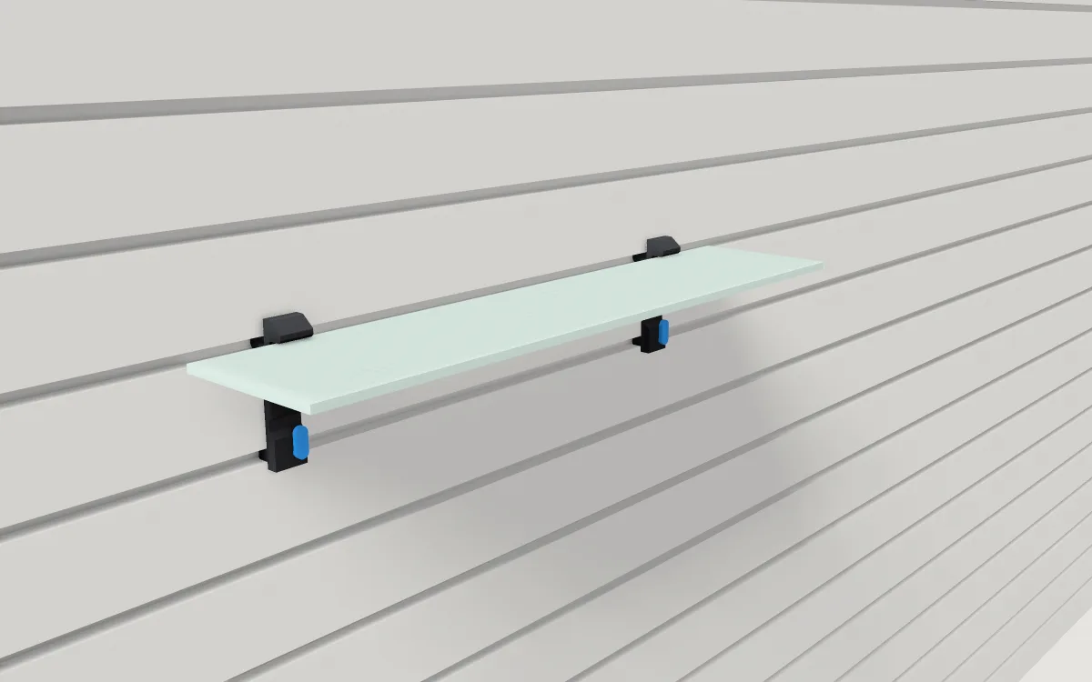 Glass-shelf rests on slatwall, a pair holding a glass shelf