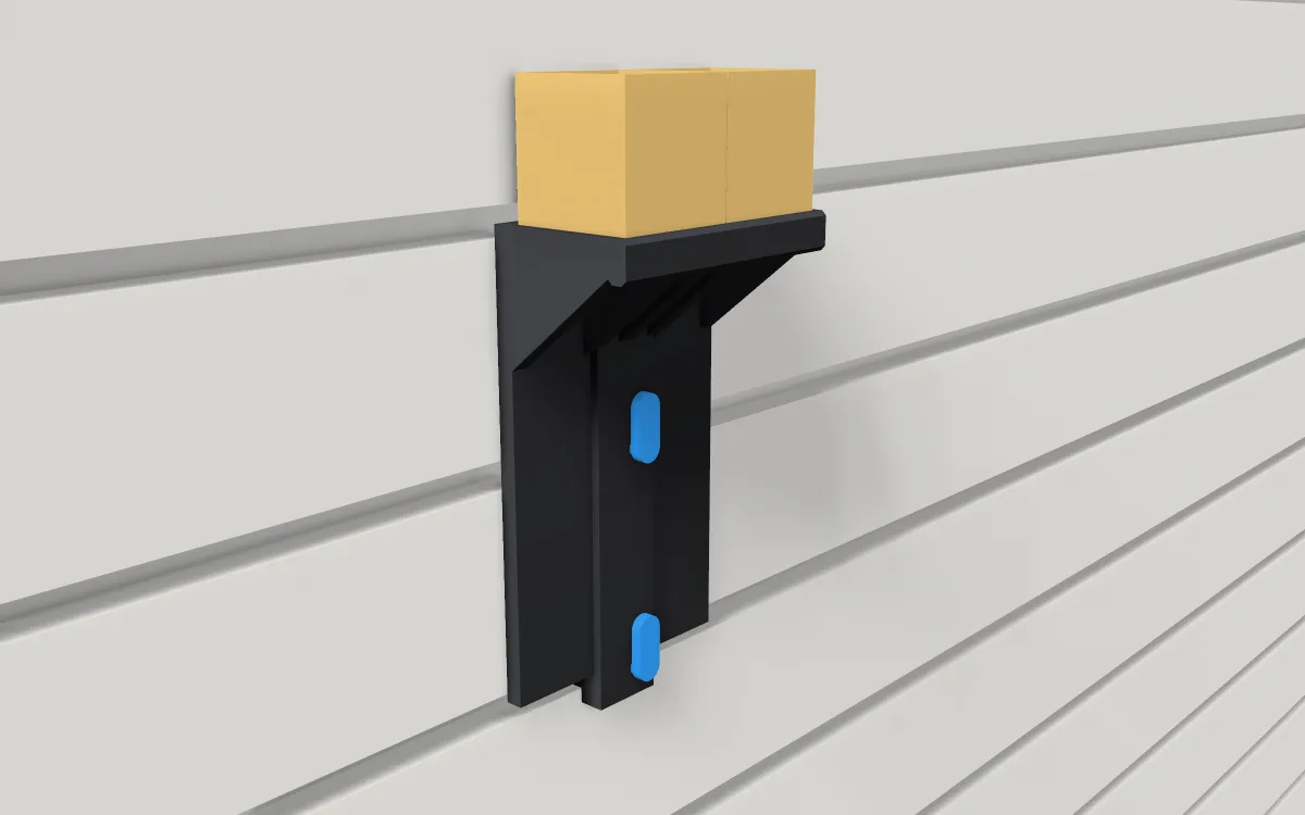 Gridfinity shelf on slatwall, holding two Gridfinity bins