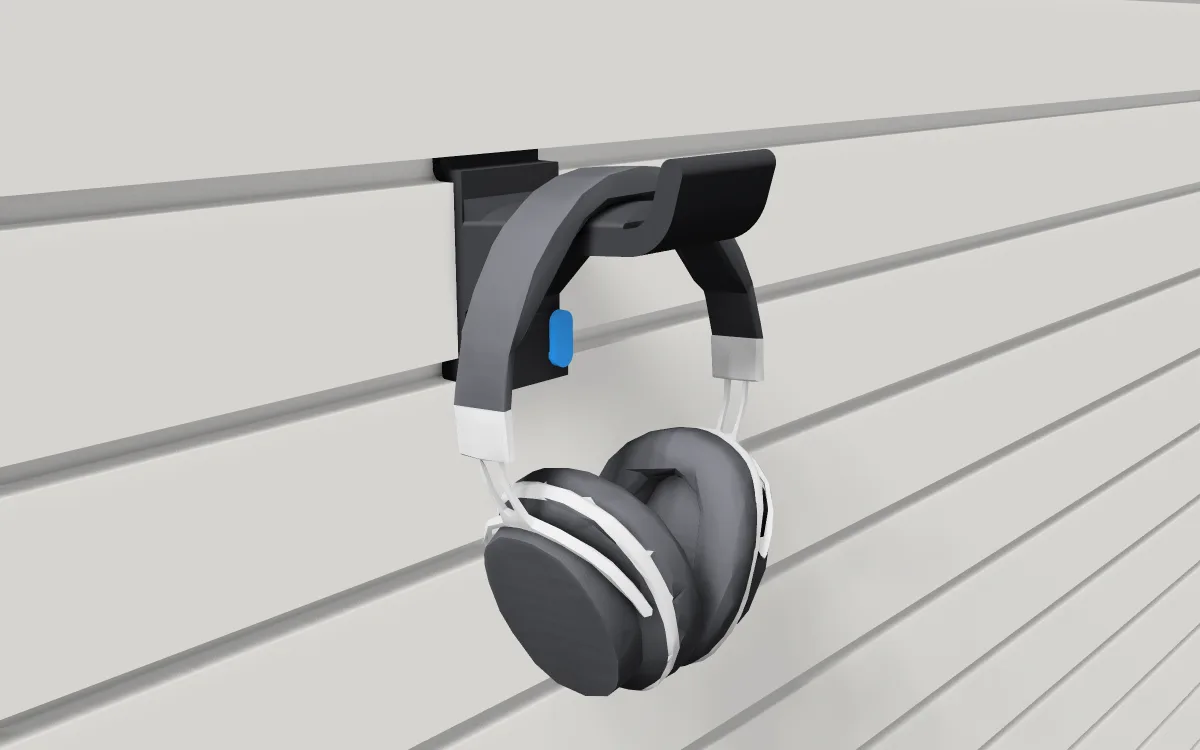 Headphone saddle on slatwall, holding a pair of headphones