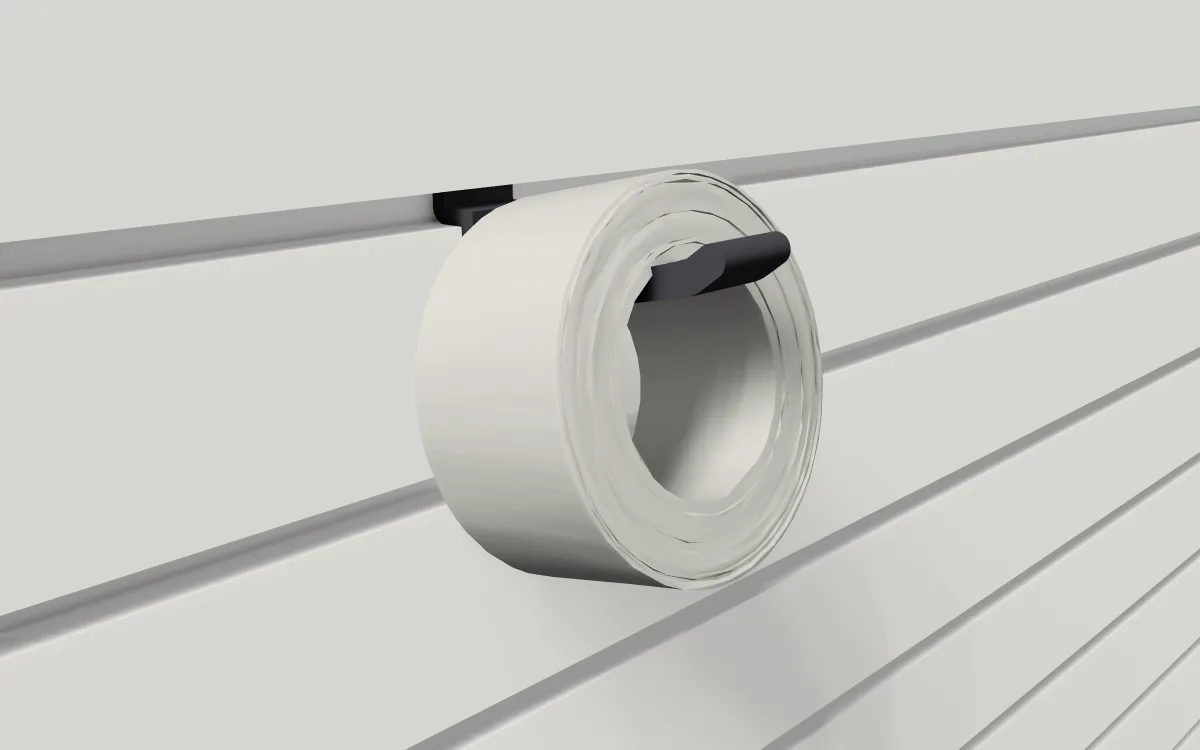 Peg hook on slatwall, holding a roll of duct tape