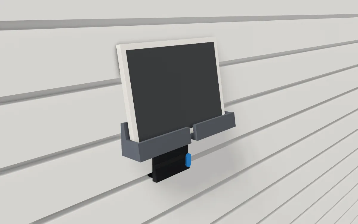 Phone & tablet ledge on slatwall, holding a tablet