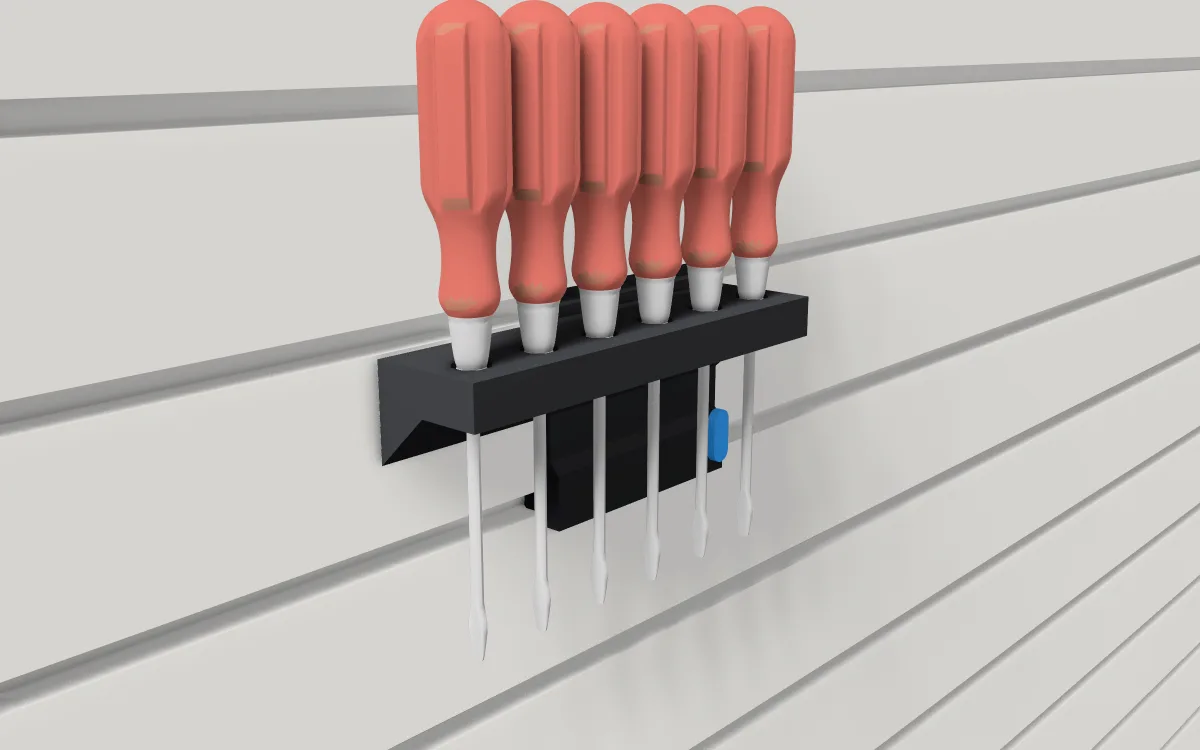 Screwdriver rack on slatwall, holding six screwdrivers