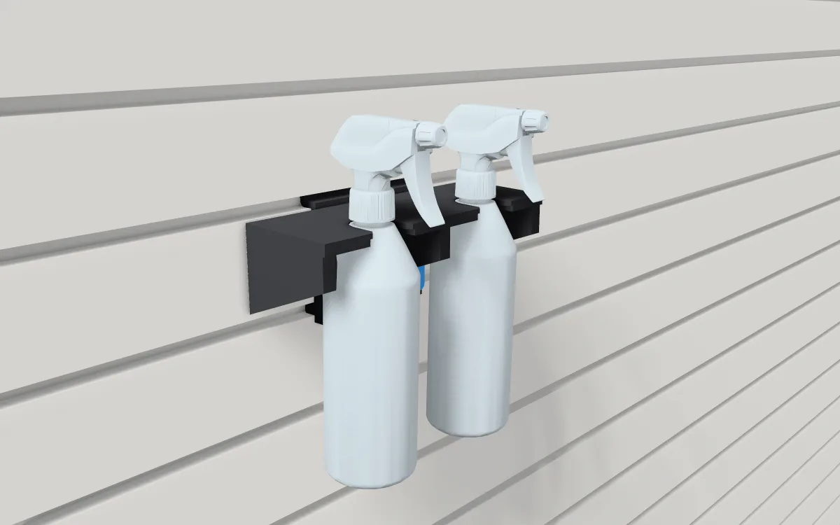 Spray-bottle rack on slatwall, holding two trigger spray bottles