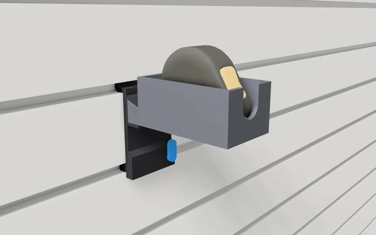 Tape-measure cup on slatwall, holding a tape measure