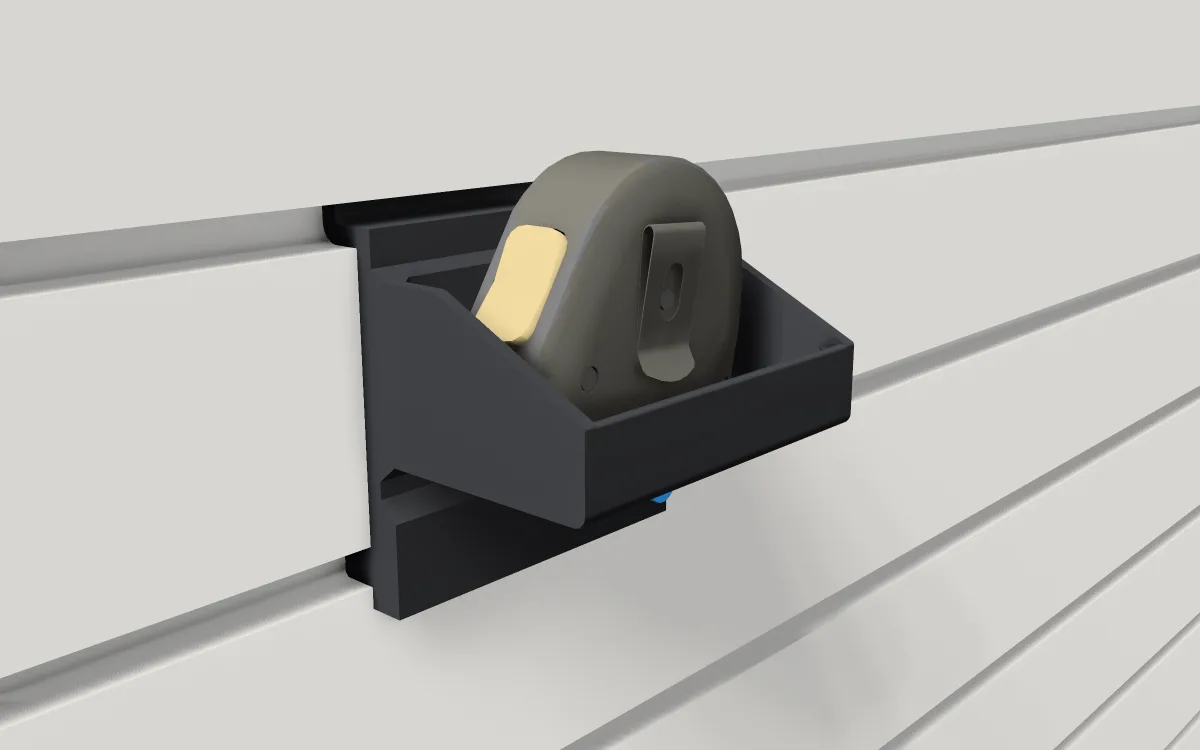 Tape-measure pocket on slatwall, holding a tape measure