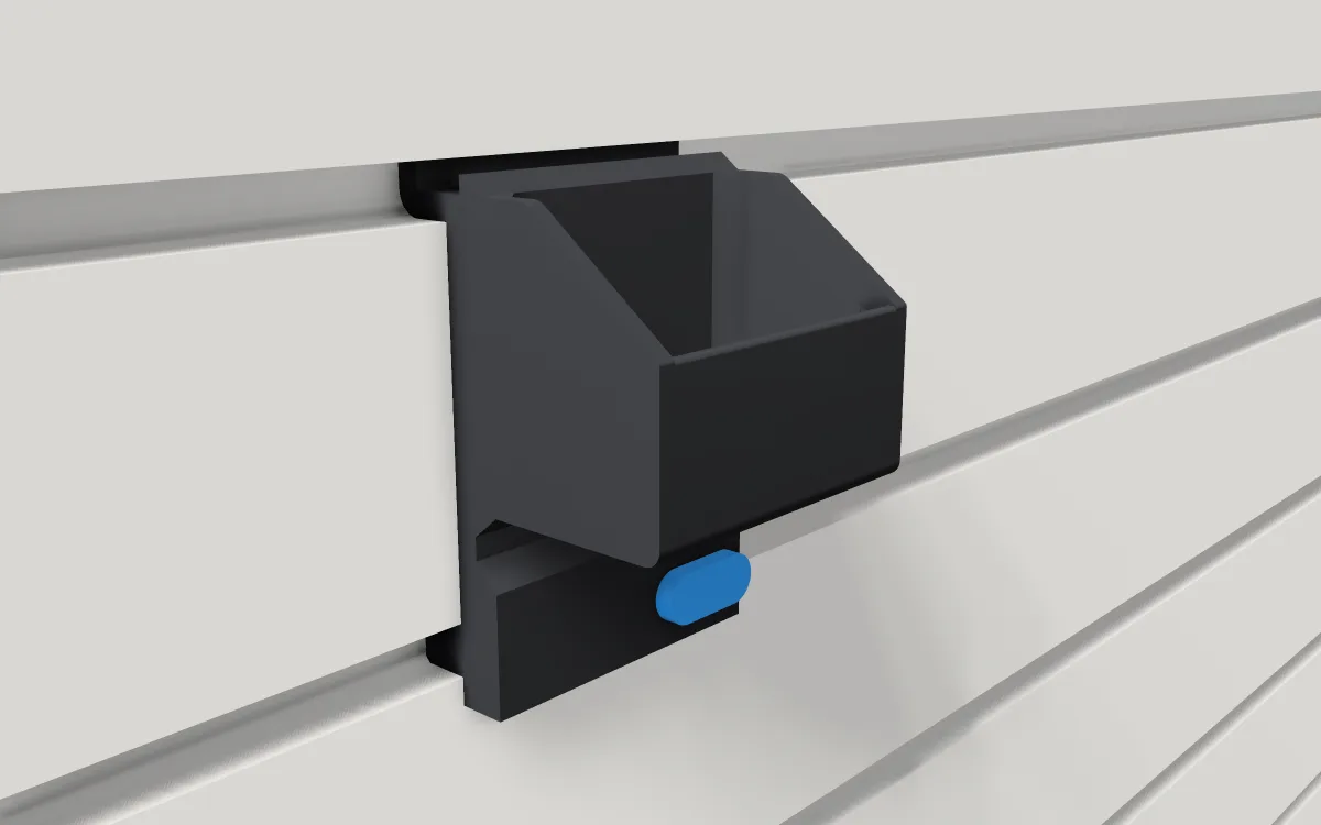 Laser-measure pocket · Laser distance meter on a slatwall, 3D render