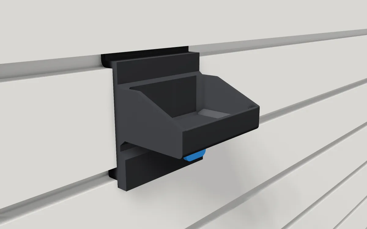 Tape-measure pocket · Tape measure 16 ft on a slatwall, 3D render