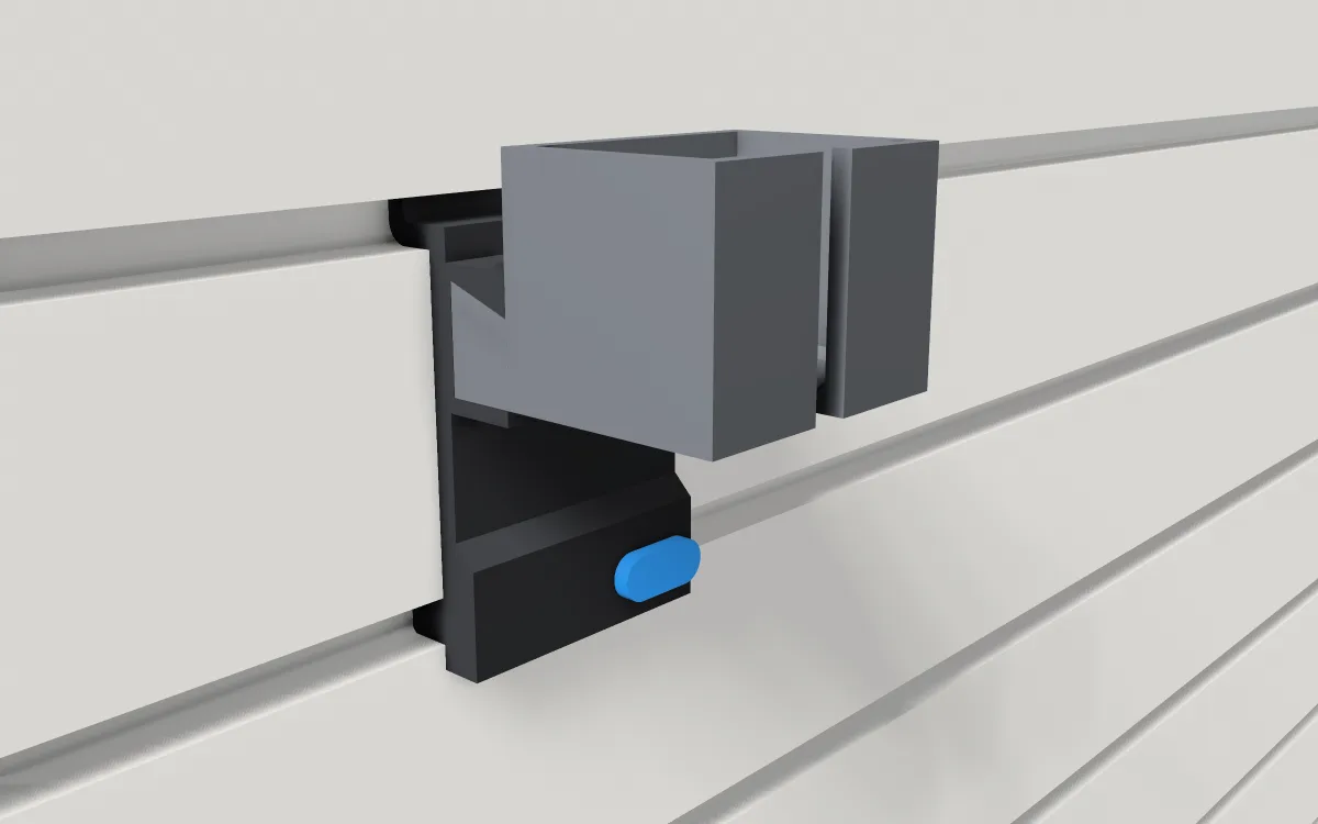 Charger cup · 50 x 35 x 90 mm charger on a slatwall, 3D render