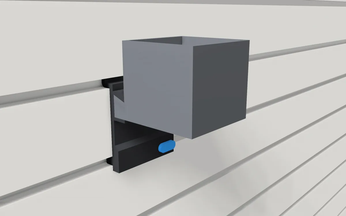 Spray-can cup · 66 x 66 x 200 mm can on a slatwall, 3D render
