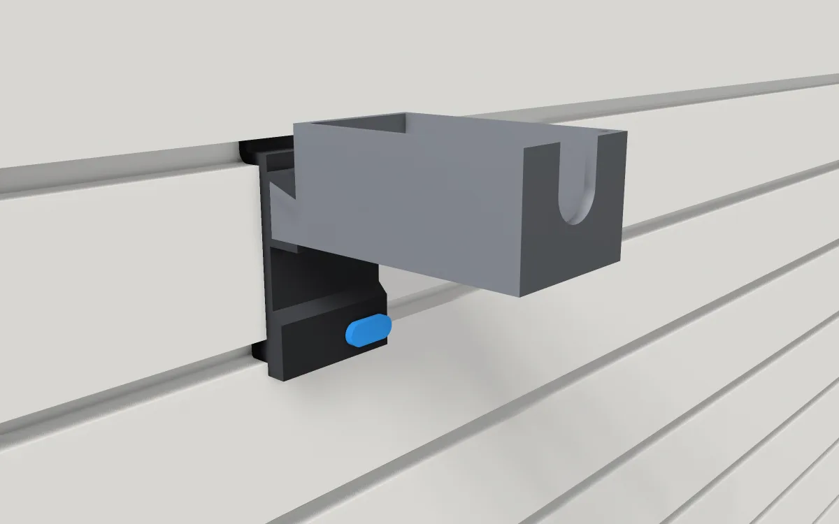 Tape-measure cup · 45 x 85 x 85 mm tape on a slatwall, 3D render
