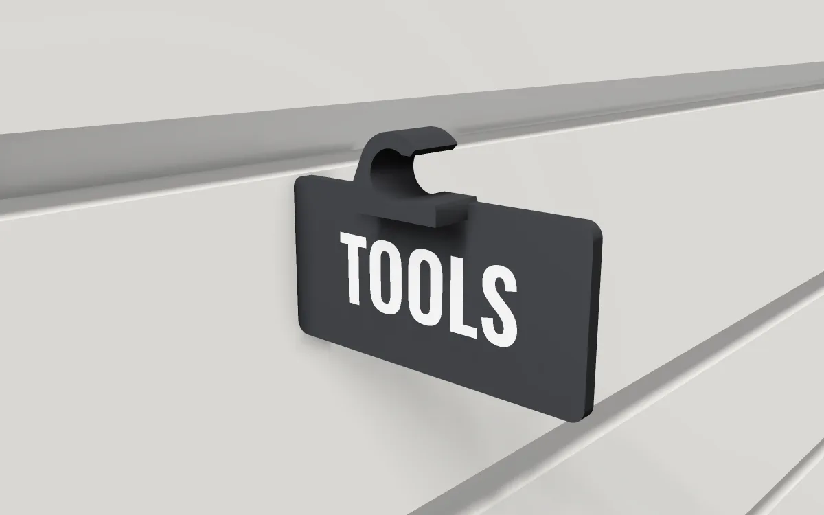 Label flag for steel hooks · 6.4 mm wire on a slatwall, 3D render