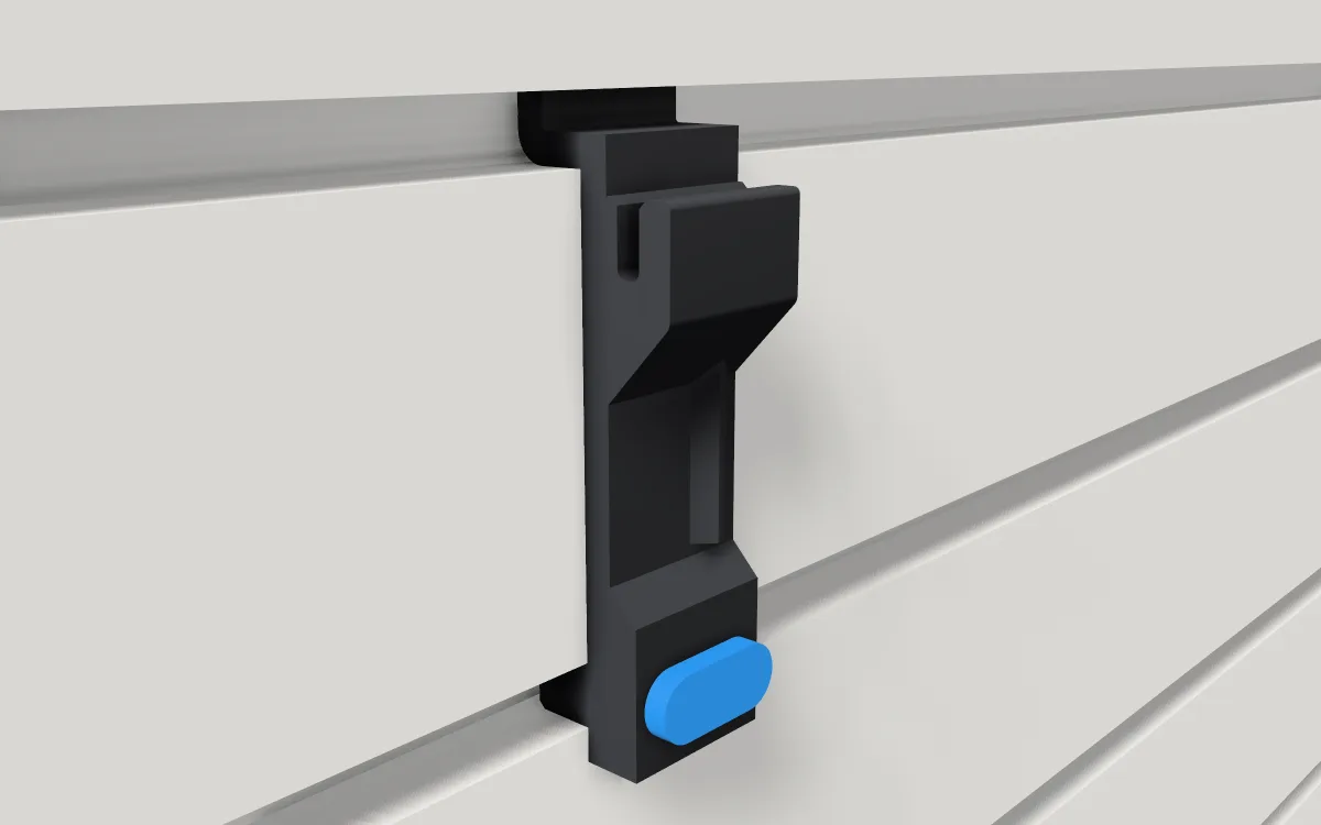 Locking wire-rack clip · Thin wire rack on a slatwall, 3D render