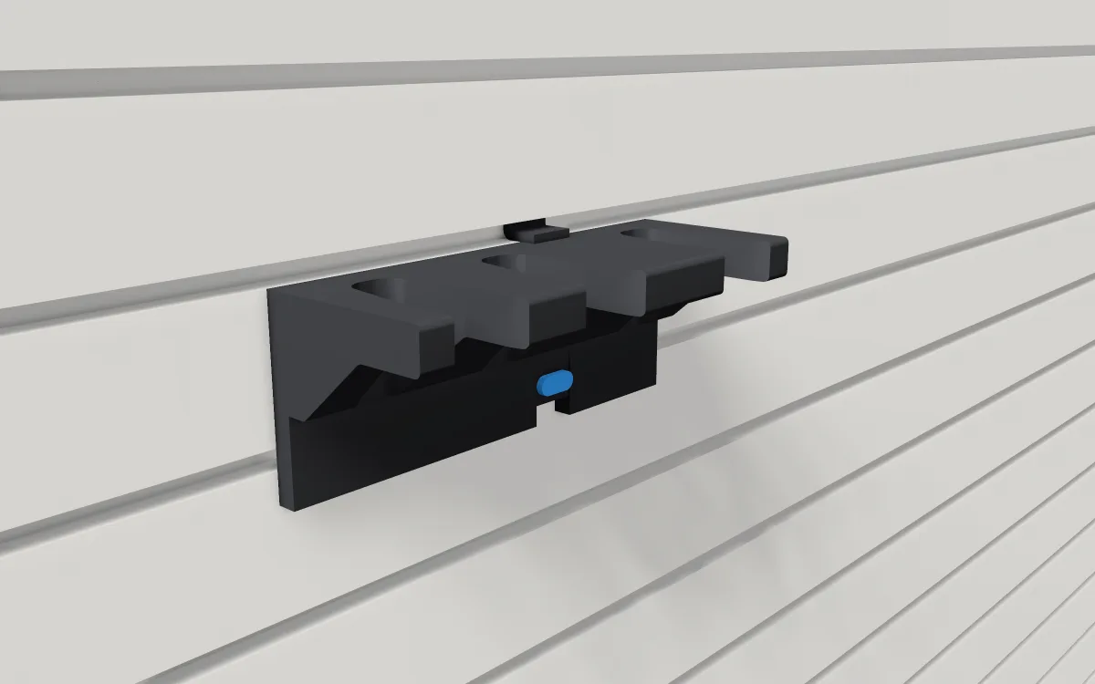Long-handle tool rack on a slatwall, 3D render