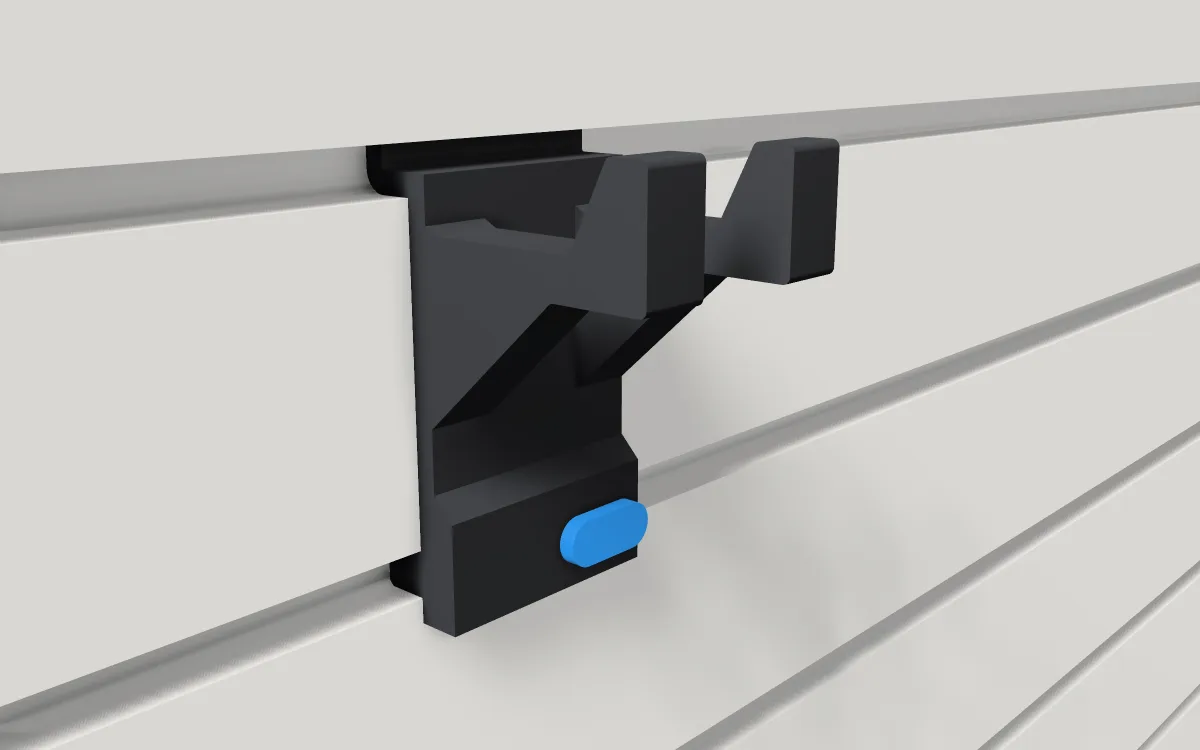 Double-prong hook · 2 prongs, 38 mm apart on a slatwall, 3D render