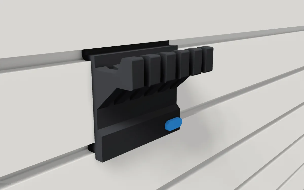 Six-prong hook · 6 prongs, 18 mm apart on a slatwall, 3D render