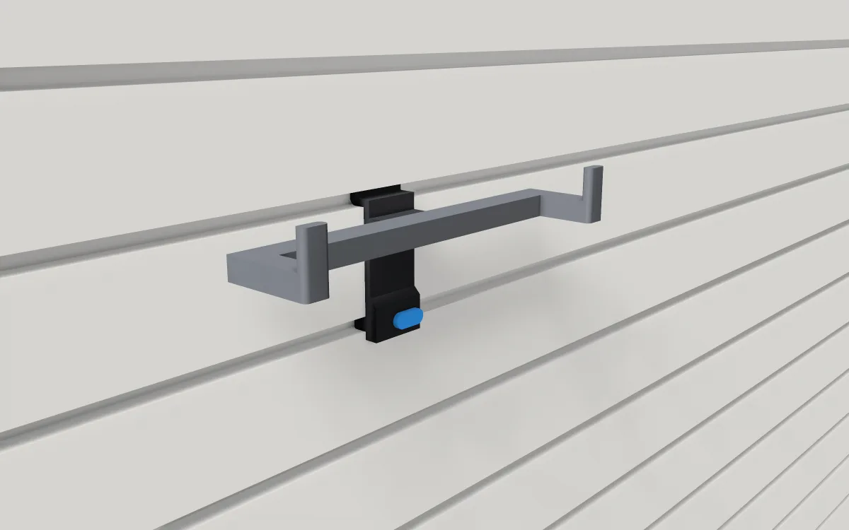 Power-strip cradle · Metal workshop strip on a slatwall, 3D render