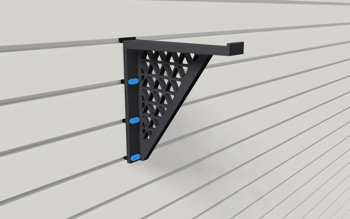Shelf bracket · 3 slats, 230 mm deep on a slatwall, 3D render