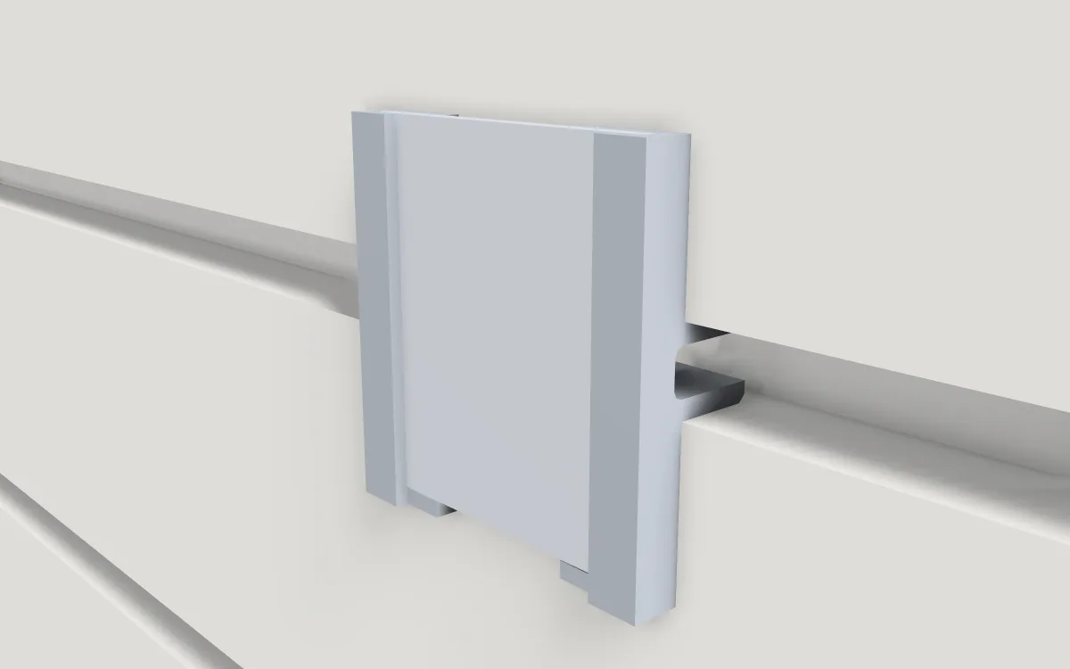 Slat end cap · Short cap on a slatwall, 3D render