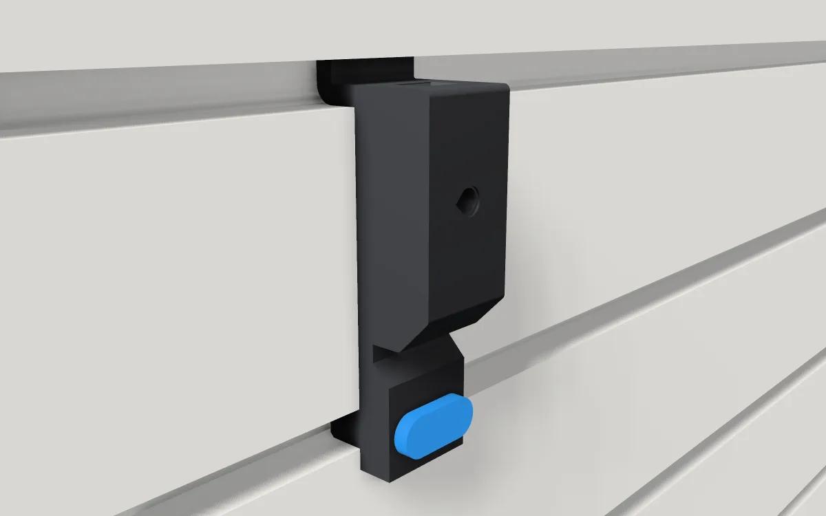 Slide-in T-nut · M5 nut on a slatwall, 3D render