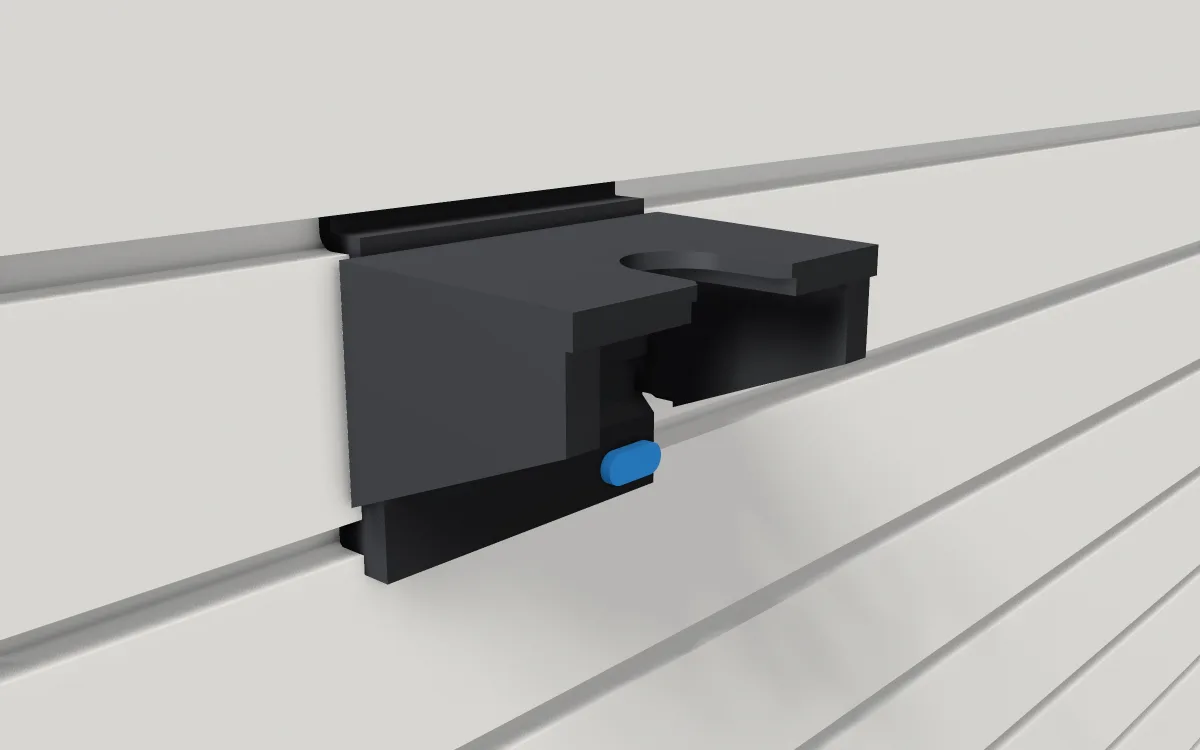 Spray-bottle rack · One bottle on a slatwall, 3D render