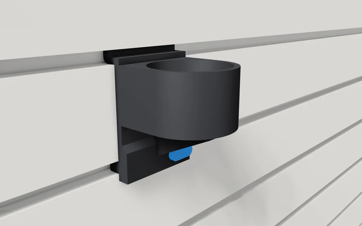 Spray-can holder · Slim 53 mm on a slatwall, 3D render